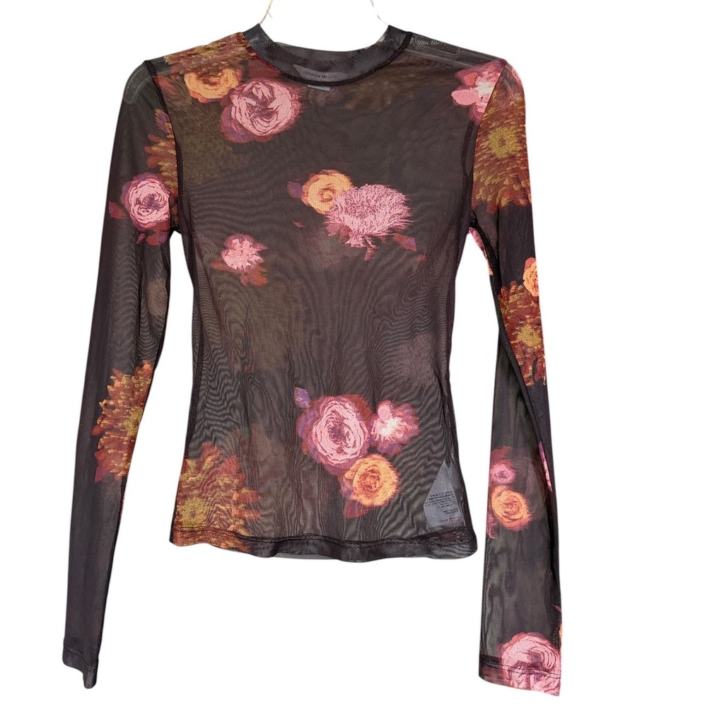 Urban Revivo Womens Brown Floral Mesh Long Sleeve Sheer Top Size 6 Stretch Fairy